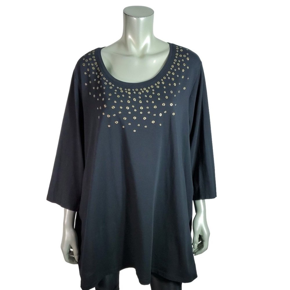 Catherines Top Plus Size 2X 22/24W Gold Studs Stretch Long Sleeve Casual Black